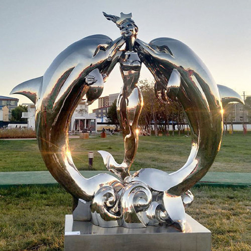 Esculturas animales del césped decorativo del jardín de la estatua de la sirena de acero inoxidable y del delfín